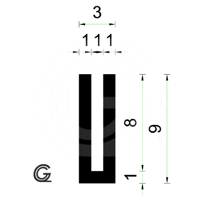 Rubber U Profiel | binnenmaat 1 mm | hoogte 9 mm | dikte 1 mm | Per Meter